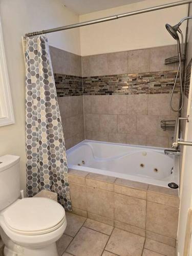 a bathroom with a tub and a toilet and a sink at Charming Retreat at Silver Spring in Silver Spring