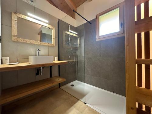 a bathroom with a sink and a shower at Grand chalet 5 chambres, calme, proche commerces, babyfoot, appareils raclette et fondue - FR-1-624-165 in Verchaix