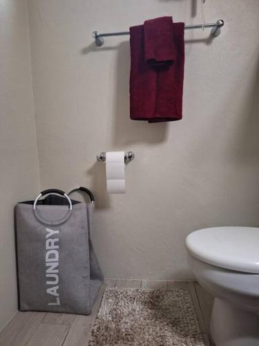 a bathroom with a toilet and towels on the wall at Chateau Central at Sunbury Apts in Kingston