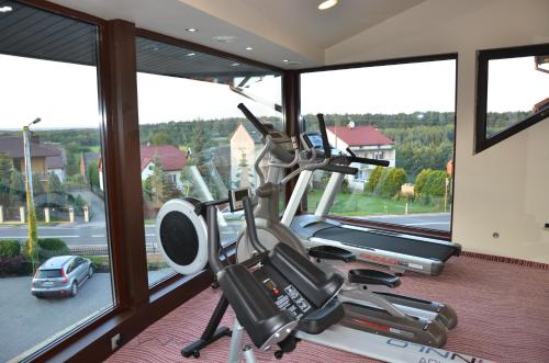 a gym with a treadmill and a large window at Hotel Azalia & Spa in Niepołomice