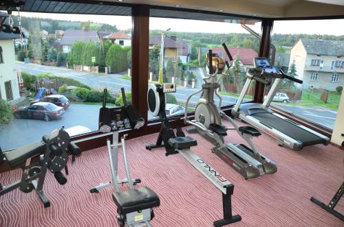 a gym with cardio equipment and a large window at Hotel Azalia & Spa in Niepołomice