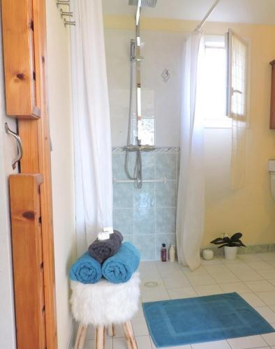 une salle de bain avec une douche avec des serviettes bleues sur un tabouret dans l'établissement Chalet Mélèze - Les Chalets de Barruérot - Spa jacuzzi privatif - Piscine en été, à Peyrusse-Grande