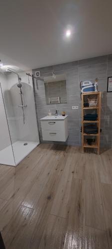 La salle de bains privative est pourvue d'un lavabo et d'une douche. dans l'établissement Appartement spacieux 75m2, à LʼHôpital