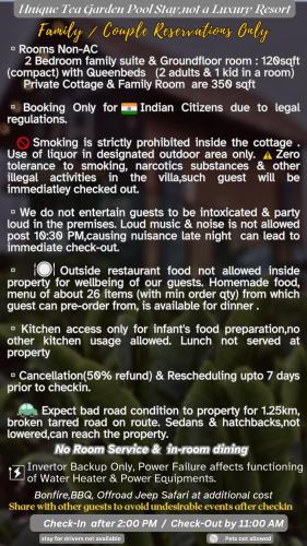 a page of a menu with white writing on it at Cloud Canopy - Tea Garden Family Pool Cottage in Vagamon in Vagamon
