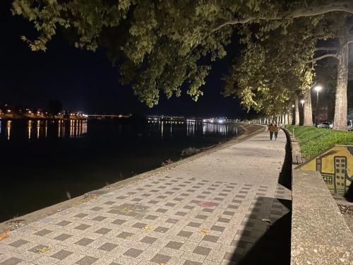une personne marchant sur un trottoir à côté d'une rivière la nuit dans l'établissement Studio apartman Navis, à Slavonski Brod
