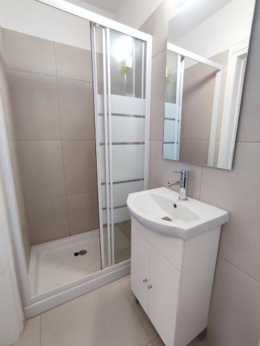 a white bathroom with a shower and a sink at Alkinoos Studio in Nicosia