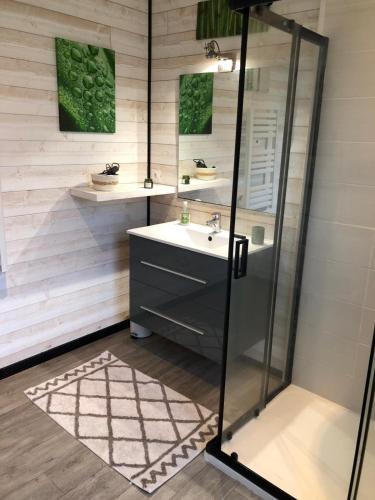 une salle de bain avec un lavabo et une douche dans l'établissement La Casa Azul, à LʼAmélie