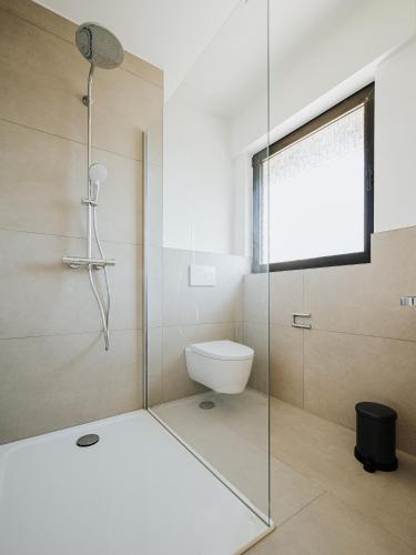 a bathroom with a glass shower with a toilet at Ferienwohnung Soest in Soest