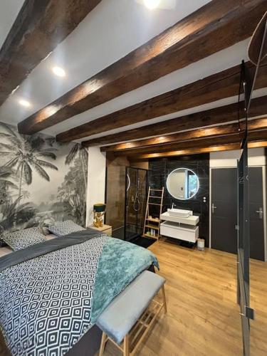 une chambre avec un grand lit et un miroir dans l'établissement Charmante maison mitoyenne 8 couchages, à Touillon-et-Loutelet
