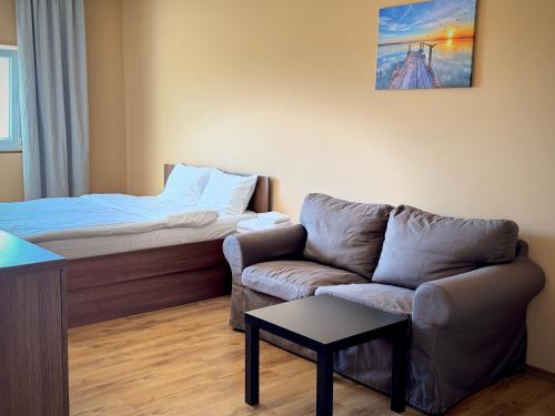 a living room with a couch and a bed at Apartment Sofia Airport free shuttle and parking in Sofia