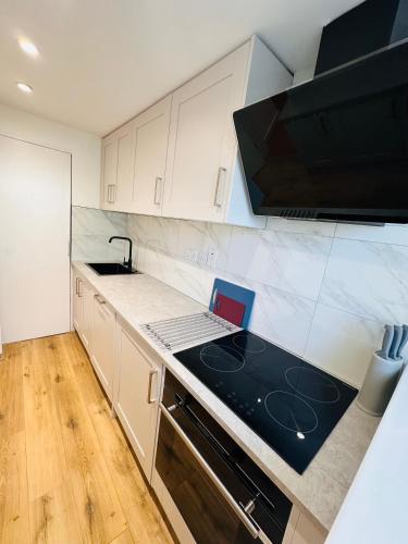 a kitchen with a stove top oven in a kitchen at Newly Renovated Private and Modern Shared Apartment, Each with Kitchenette, Central Birmingham RC in Birmingham