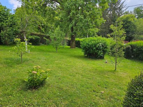 a yard with trees and bushes and green grass at Chambre d'hôte à coté de la voie verte in Gourin