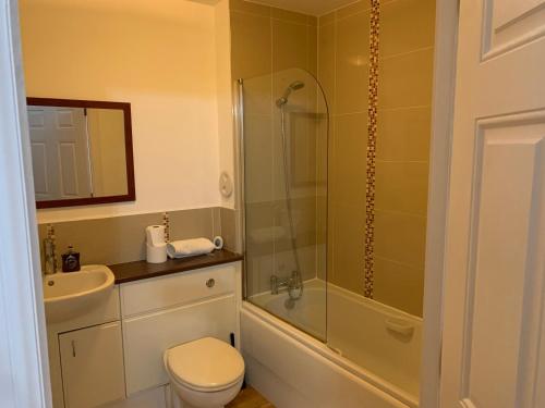 een badkamer met een douche, een toilet en een wastafel bij Morrisons 2 weeks plus city centre 2 bedroom Apt in Aberdeen