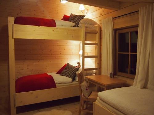 a bedroom with two bunk beds and a desk at Chalet Sonnberg in Niedernsill