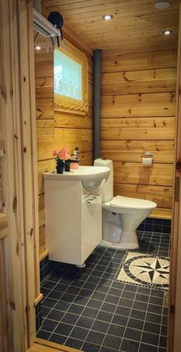 a bathroom with a toilet and a sink at Arctic log house Hirvas in Hirvas