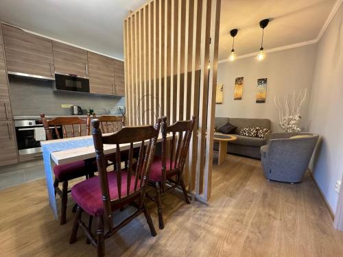 a kitchen and living room with a table and chairs at Apartmány Formanka na náměstí in Hustopeče