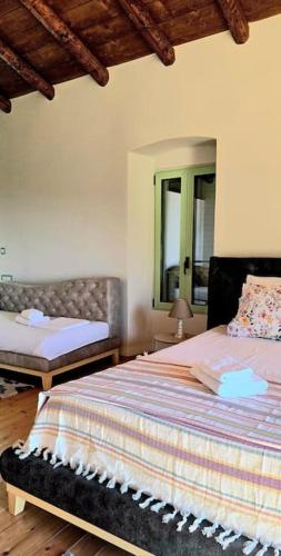a bedroom with two beds and a mirror at Vista Del Mar Mansion in Spile