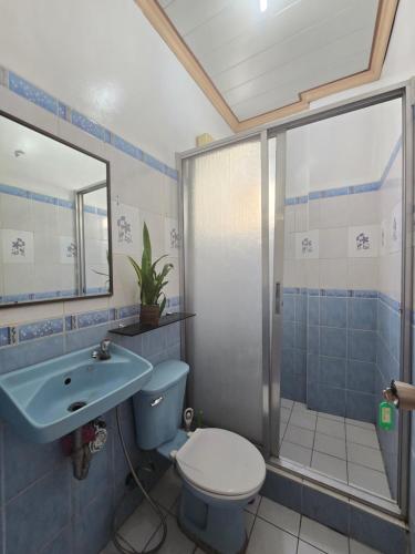 a bathroom with a toilet and a sink and a shower at 35 Amistad Guesthouse in Baguio