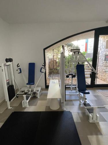 ein Fitnessstudio mit zwei Laufbändern und zwei blauen Stühlen in der Unterkunft PAMA LUKO Apartment 100m from Beach, Tennis court & Gym, FREE Parking in Supetar