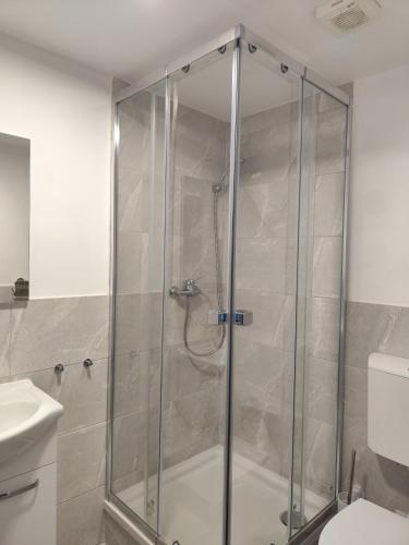 a shower with a glass door in a bathroom at Mama Leone in Weihenstephan