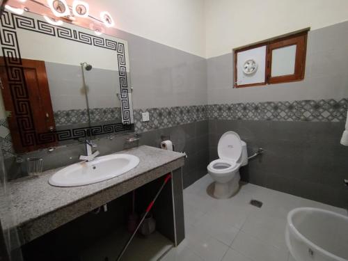 a bathroom with a sink and a toilet and a mirror at Alaf Laila Guest House in Abbottābād