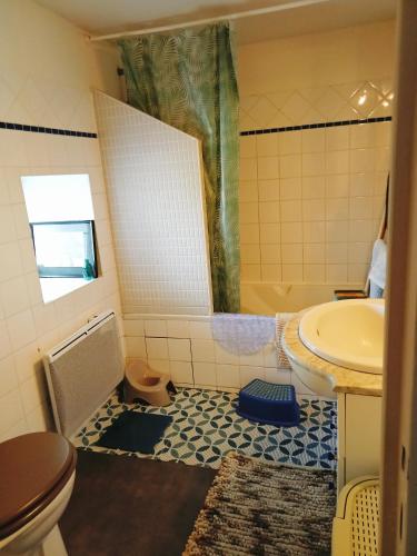 une salle de bain avec toilettes, lavabo et baignoire dans l'établissement 17th century house with swimming pool, à Pleurtuit