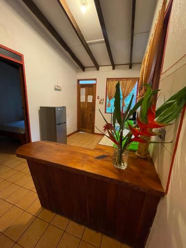 a reception counter with a vase of flowers on it at Cabinas Caribe Luna in Cahuita