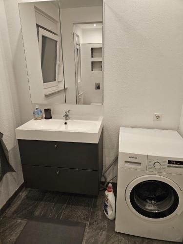 a bathroom with a washing machine and a sink at Ferienwohnung Apartment Bornum am Harz in Bockenem