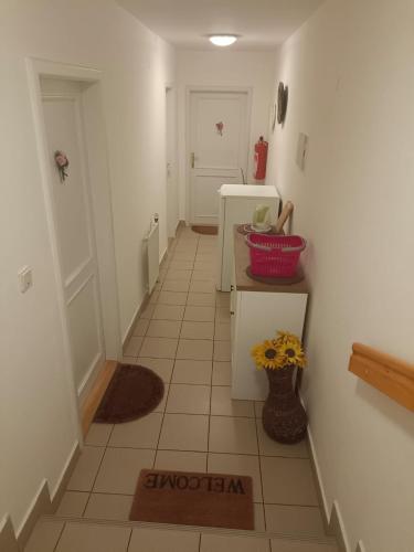 a hallway with a bathroom with a sink and a floor at Ubytování ve Mlýně in Kladenské Rovné