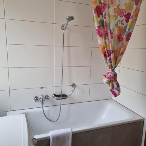 a shower in a bathroom with a shower curtain at Brienzersee - Direct lake view in Brienz