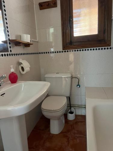 a bathroom with a white toilet and a sink at El Mirador in Buenache de la Sierra