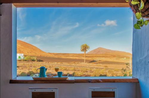 a window with a view of a desert with a palm tree at Finca Marisa in Tinajo