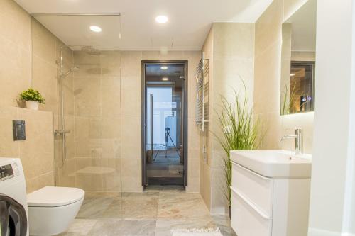 a bathroom with a toilet and a sink and a shower at Lai Residence Apartment 3 with Sauna in Tartu