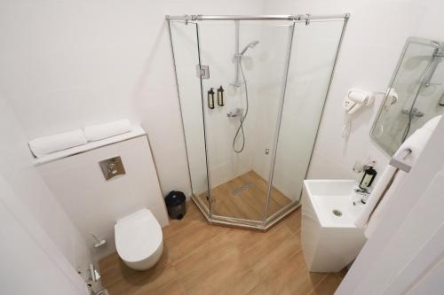 a bathroom with a shower and a toilet and a sink at Hotel & Restaurant Emerald Borjomi in Borjomi
