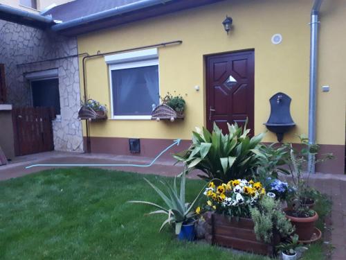 a house with a door and flowers in the yard at Green Lake Airport Apartments in Vecsés