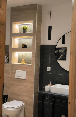 a bathroom with a toilet and a sink and a mirror at Smestaj Dzentlmen in Soko Banja