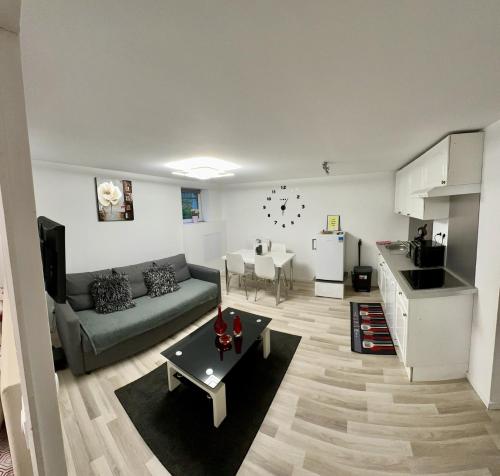 a living room with a couch and a table at Cosy citadin in Mulhouse