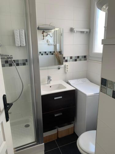 une salle de bain avec un lavabo, une douche et des toilettes dans l'établissement Charme et haut standing - Vue sur La Défense, à Colombes