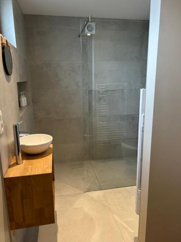 Un baño con ducha de cristal y lavabo. en Simply Deux, en Stavelot