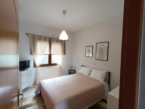 a small bedroom with a bed and a window at Mountain Serenity junior in Konitsa