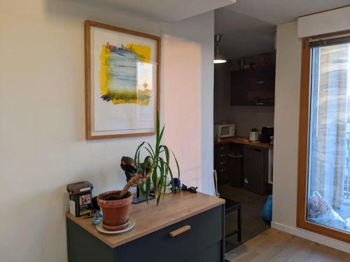 une chambre avec une table et une plante sur elle dans l'établissement Superbe deux pièces avec terrasse proche du métro, à Montreuil