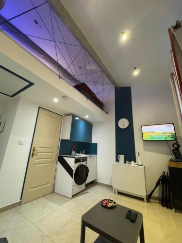 un salon avec un lave-linge et un plafond violet dans l'établissement Très beau Studio 9eme, à Marseille