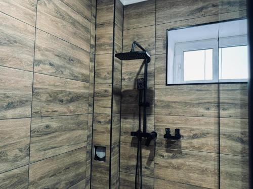 a shower in a bathroom with wooden walls at Royal in Taraz
