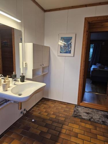 a bathroom with a sink and a mirror at Private room - 6 in a luxury villa CHALET STYLE in Oslo