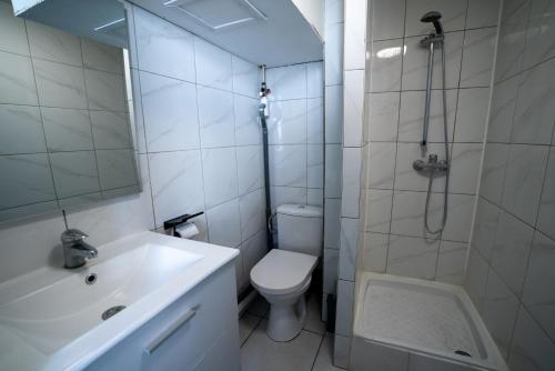 une salle de bain avec une douche, des toilettes et un lavabo dans l'établissement L'ORLÉANAIS 1 - Appartement Spacieux Centre Ville, à Orléans
