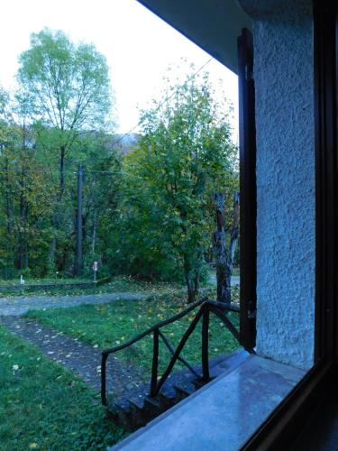 a window with a view of a yard with trees at Graziosa Casetta Con Camino In Pietra e Giardino in Abetone