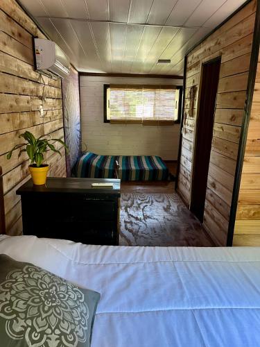 a bedroom with a bed and a desk in a room at Cabaña soles in Manuel Alberti