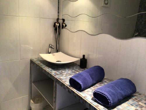 a bathroom with a sink and purple towels on a counter at La Parenthèse in Montluçon