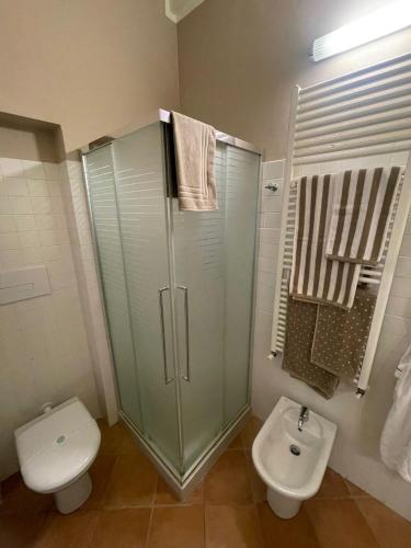 a bathroom with a shower and a toilet and a sink at Acacia Tree Lodge il tuo rifugio sul Lago Maggiore in Lesa