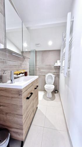 une salle de bain avec toilettes et lavabo dans l'établissement Les Trois Palmiers - Jardin, Jacuzzi privatifs, à Les Bréviaires